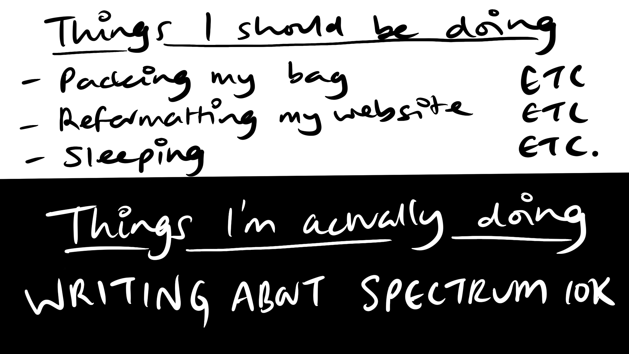 A remix on the adulting meme 'things I should be doing', which include sleeping. Meanwhile 'things I'm actually doing' is just writing about Spectrum 10K