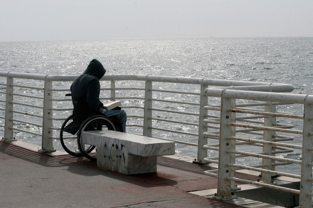 Person in a hoodie sitting in a wheelchair reading a book. They are sitting next to a bench and white barrier that faces out to sea.